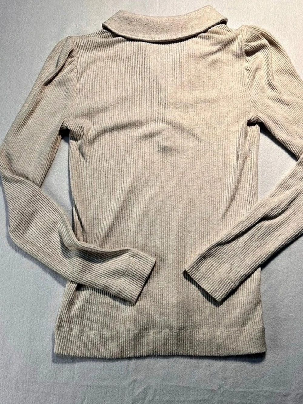 LOFT Oatmeal Cream Ribbed Knit Henley Polo Sweater Top Academia Preppy Softgirl - Picture 2 of 11